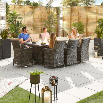 Sienna 8 Seat Rattan Dining Set - Rectangular Gas Fire Pit Table in Brown Rattan