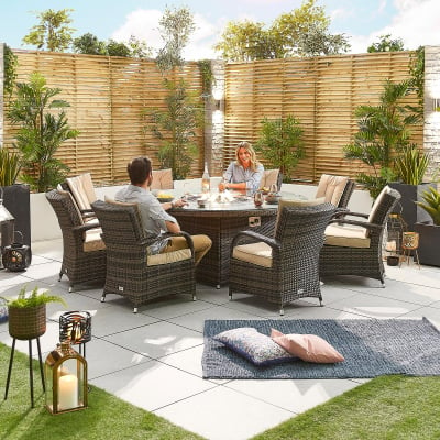 Olivia 8 Seat Rattan Dining Set - Round Gas Fire Pit Table in Brown Rattan
