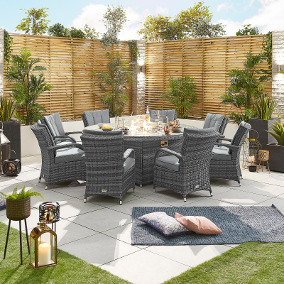 Olivia 8 Seat Rattan Dining Set - Round Gas Fire Pit Table in Grey Rattan