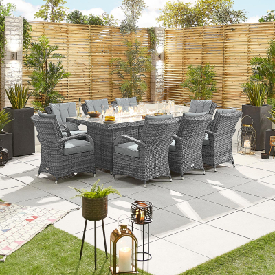 Olivia 8 Seat Rattan Dining Set - Rectangular Gas Fire Pit Table in Grey Rattan