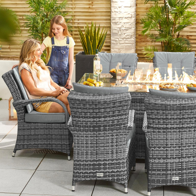 Olivia 8 Seat Rattan Dining Set - Rectangular Gas Fire Pit Table in Grey Rattan