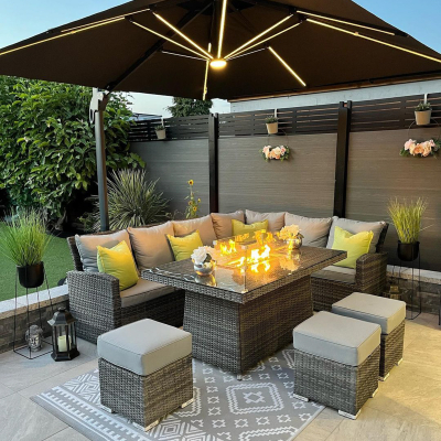 Cambridge L-Shaped Corner Rattan Lounge Dining Set with 3 Stools - Right Handed Gas Fire Pit Table in Grey Rattan