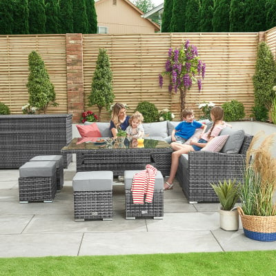 Cambridge Deluxe Corner Rattan Lounge Dining Set with 4 Stools - Square Rising Table in Grey Rattan