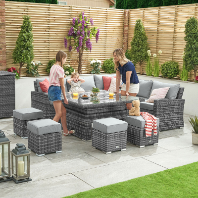 Cambridge Deluxe Corner Rattan Lounge Dining Set with 4 Stools - Square Rising Table in Grey Rattan