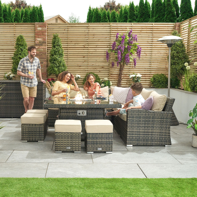 Cambridge Deluxe Corner Rattan Lounge Dining Set with 4 Stools - Square Gas Fire Pit Table in Brown Rattan