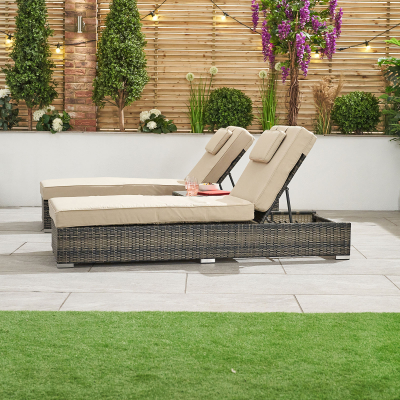 Rimini Rattan Sun Lounger Set of 2 and Side Table in Brown Rattan