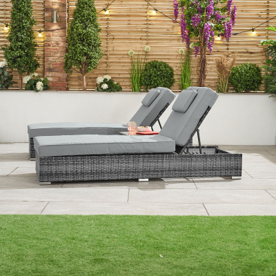 Rimini Rattan Sun Lounger Set of 2 and Side Table in Grey Rattan