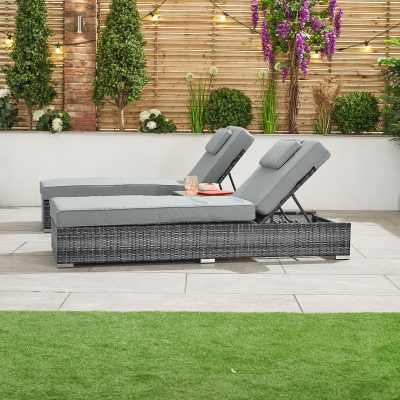 Rimini Rattan Sun Lounger Set of 2 and Side Table in Grey Rattan