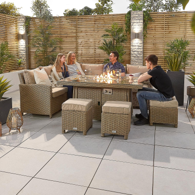Ciara L-Shaped Corner Rattan Lounge Dining Set with 3 Stools - Left Handed Gas Fire Pit Table in Willow