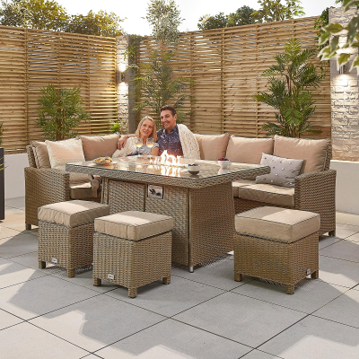 Ciara L-Shaped Corner Rattan Lounge Dining Set with 3 Stools - Left Handed Gas Fire Pit Table in Willow