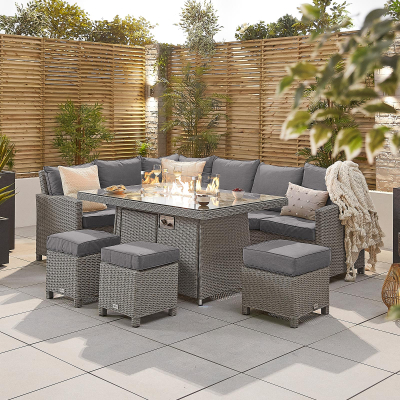 Ciara L-Shaped Corner Rattan Lounge Dining Set with 3 Stools - Left Handed Gas Fire Pit Table in White Wash