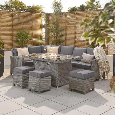Ciara L-Shaped Corner Rattan Lounge Dining Set with 3 Stools - Left Handed Gas Fire Pit Table in White Wash
