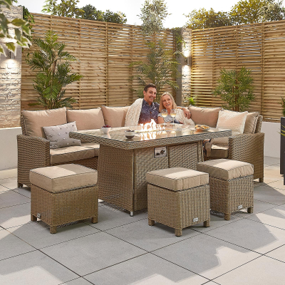 Ciara L-Shaped Corner Rattan Lounge Dining Set with 3 Stools - Right Handed Gas Fire Pit Table in Willow