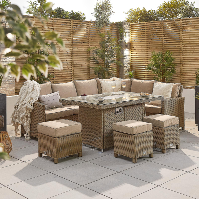 Ciara L-Shaped Corner Rattan Lounge Dining Set with 3 Stools - Right Handed Gas Fire Pit Table in Willow