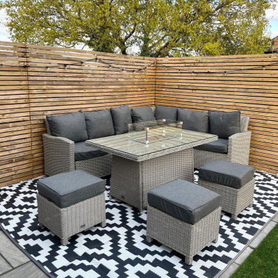 Ciara L-Shaped Corner Rattan Lounge Dining Set with 3 Stools - Right Handed Gas Fire Pit Table in White Wash