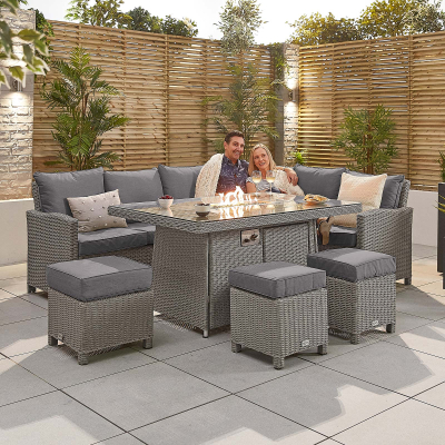 Ciara L-Shaped Corner Rattan Lounge Dining Set with 3 Stools - Right Handed Gas Fire Pit Table in White Wash