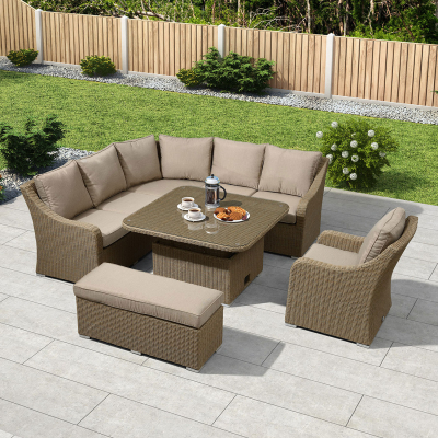 Harper Deluxe Corner Rattan Lounge Dining Set with Armchair and Stool - Square Rising Table in Willow