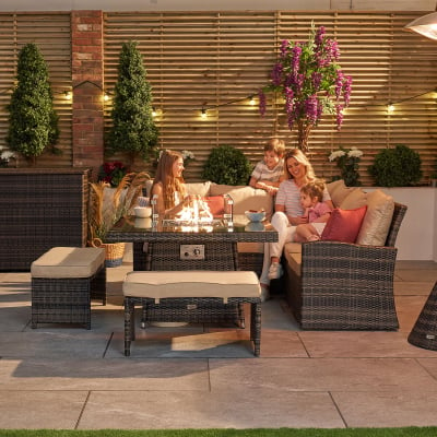 Cambridge Compact Corner Rattan Lounge Dining Set with 2 Stools - Square Gas Fire Pit Table in Brown Rattan