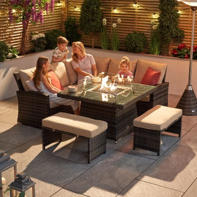 Cambridge Compact Corner Rattan Lounge Dining Set with 2 Stools - Square Gas Fire Pit Table in Brown Rattan