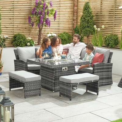 Cambridge Compact Corner Rattan Lounge Dining Set with 2 Stools - Square Gas Fire Pit Table in Grey Rattan