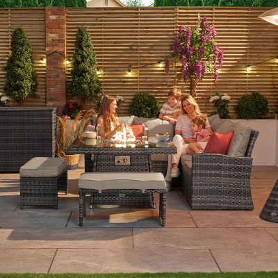 Cambridge Compact Corner Rattan Lounge Dining Set with 2 Stools - Square Gas Fire Pit Table in Grey Rattan