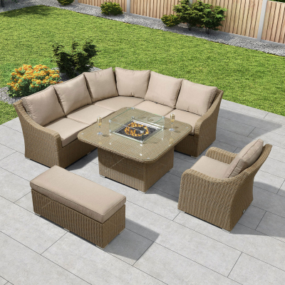 Harper Deluxe Corner Rattan Lounge Dining Set with Armchair and Stool - Square Gas Fire Pit Table in Willow