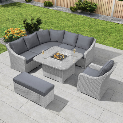 Harper Deluxe Corner Rattan Lounge Dining Set with Armchair and Stool - Square Gas Fire Pit Table in White Wash