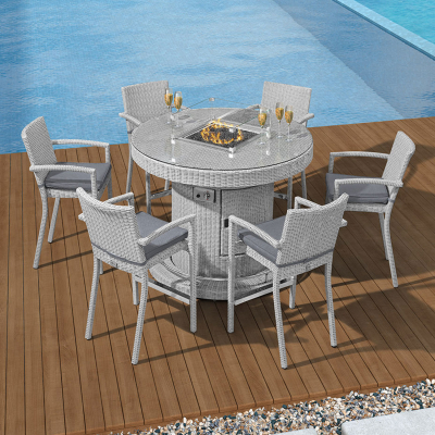 Heritage Henley 6 Seat Rattan Bar Set - Round Gas Fire Pit Table in White Wash