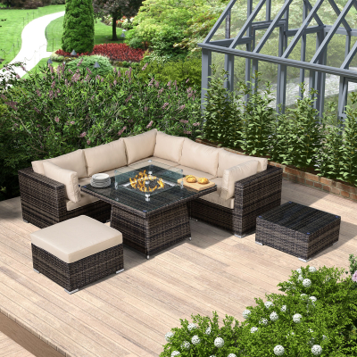 Chelsea Rattan Corner Sofa Lounging Set with Footstool & Coffee Table with Fire Pit Dining Table & No Ice Buckets in Brown Rattan