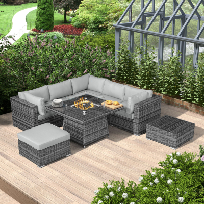 Chelsea Rattan Corner Sofa Lounging Set with Footstool & Coffee Table with Fire Pit Dining Table & No Ice Buckets in Grey Rattan