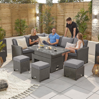 Ciara L-Shaped Corner Rattan Lounge Dining Set with 3 Stools - Left Handed Rising Table in Slate Grey
