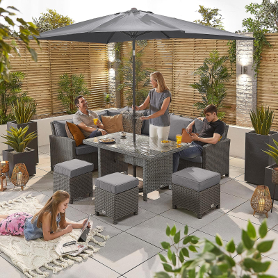 Ciara L-Shaped Corner Rattan Lounge Dining Set with 3 Stools - Left Handed Parasol Hole Table in Slate Grey