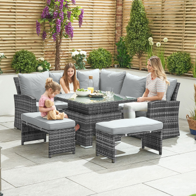 Cambridge Compact Corner Rattan Lounge Dining Set with 2 Stools - Square Rising Table in Grey Rattan
