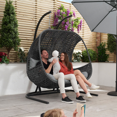 Rattan Double Suspended Lounging Egg Chair in Grey Rattan