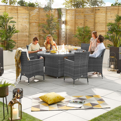 Amelia 6 Seat Rattan Dining Set - Oval Gas Fire Pit Table in Grey Rattan