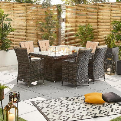 Sienna 6 Seat Rattan Dining Set - Rectangular Gas Fire Pit Table in Brown Rattan