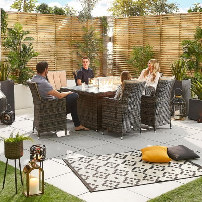 Sienna 6 Seat Rattan Dining Set - Rectangular Gas Fire Pit Table in Brown Rattan