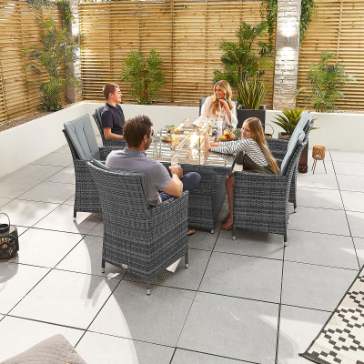 Sienna 6 Seat Rattan Dining Set - Rectangular Gas Fire Pit Table in Grey Rattan