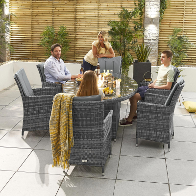 Sienna 6 Seat Rattan Dining Set - Oval Gas Fire Pit Table in Grey Rattan