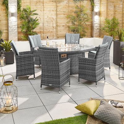 Sienna 6 Seat Rattan Dining Set - Oval Gas Fire Pit Table in Grey Rattan