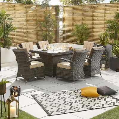 Olivia 6 Seat Rattan Dining Set - Rectangular Gas Fire Pit Table in Brown Rattan