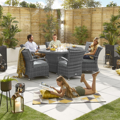Olivia 6 Seat Rattan Dining Set - Oval Gas Fire Pit Table in Grey Rattan