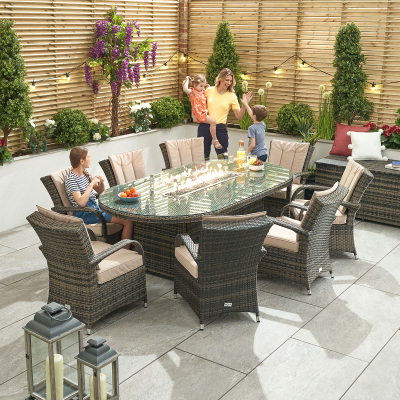 Olivia 8 Seat Rattan Dining Set - Oval Gas Fire Pit Table in Brown Rattan