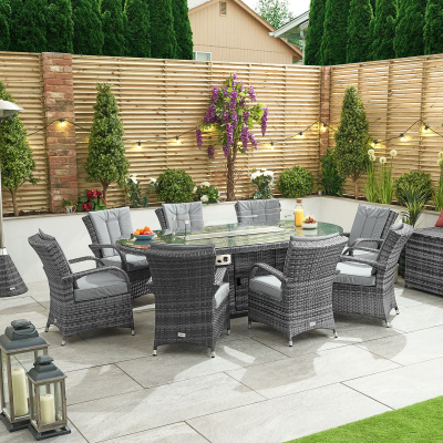 Olivia 8 Seat Rattan Dining Set - Oval Gas Fire Pit Table in Grey Rattan