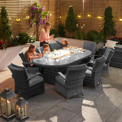 Olivia 8 Seat Rattan Dining Set - Oval Gas Fire Pit Table in Grey Rattan