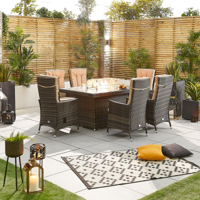 Ruxley 6 Seat Rattan Dining Set - Rectangular Gas Fire Pit Table in Brown Rattan