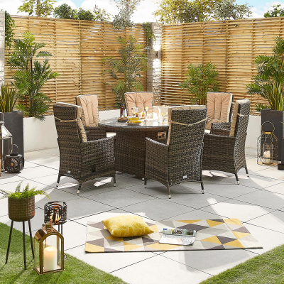 Ruxley 6 Seat Rattan Dining Set - Oval Gas Fire Pit Table in Brown Rattan