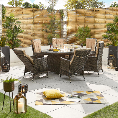 Ruxley 6 Seat Rattan Dining Set - Oval Gas Fire Pit Table in Brown Rattan
