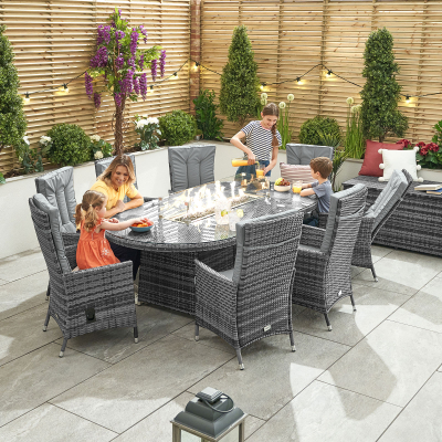 Ruxley 8 Seat Rattan Dining Set - Oval Gas Fire Pit Table in Grey Rattan