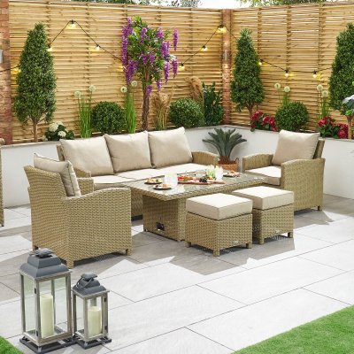 Ciara 3 Seater Rattan Lounge Dining Set with 2 Armchairs - Rising Table in Willow